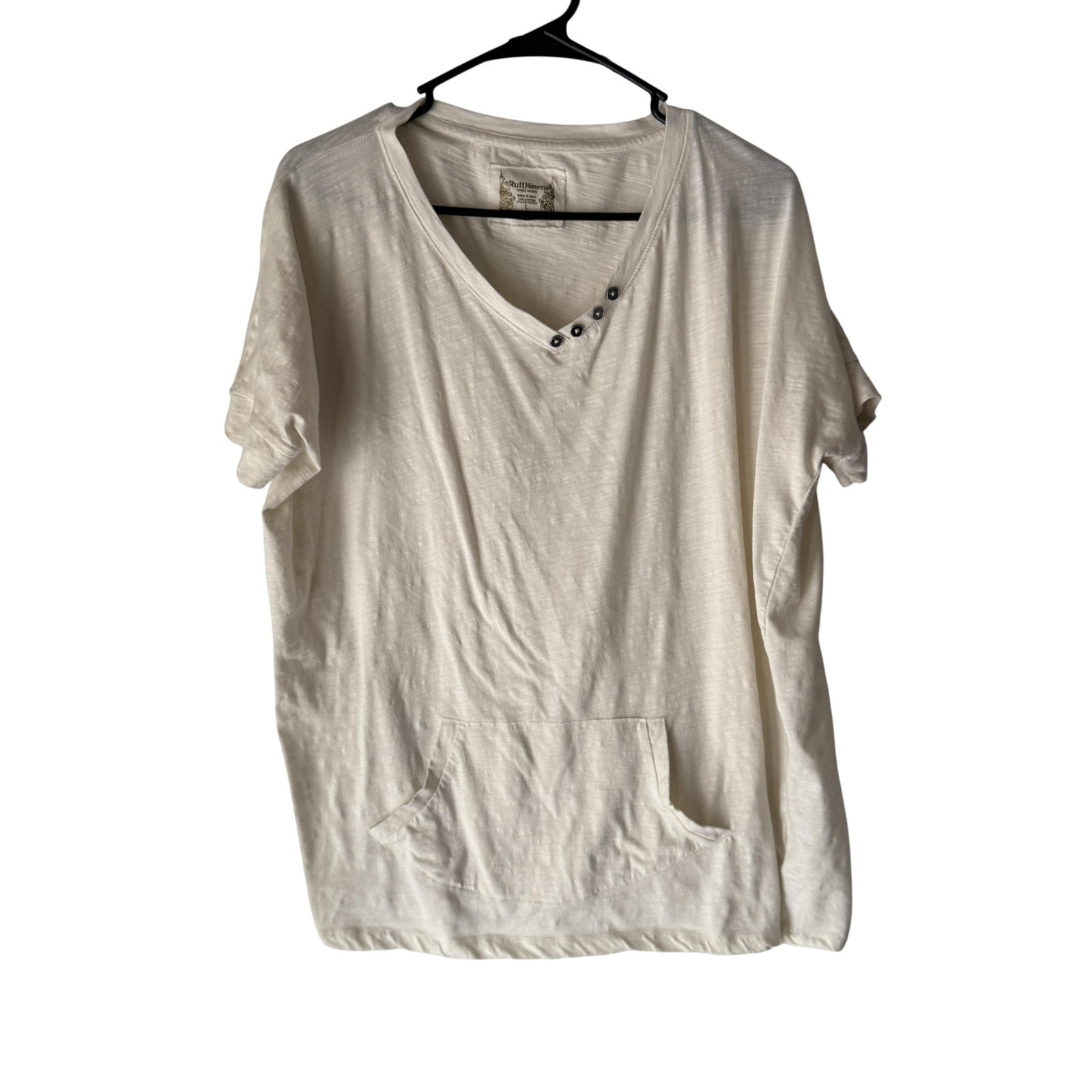 Ruff Hewn Shirt Womens Large White Short Sleeve Button V Neck Pocket Casual Top